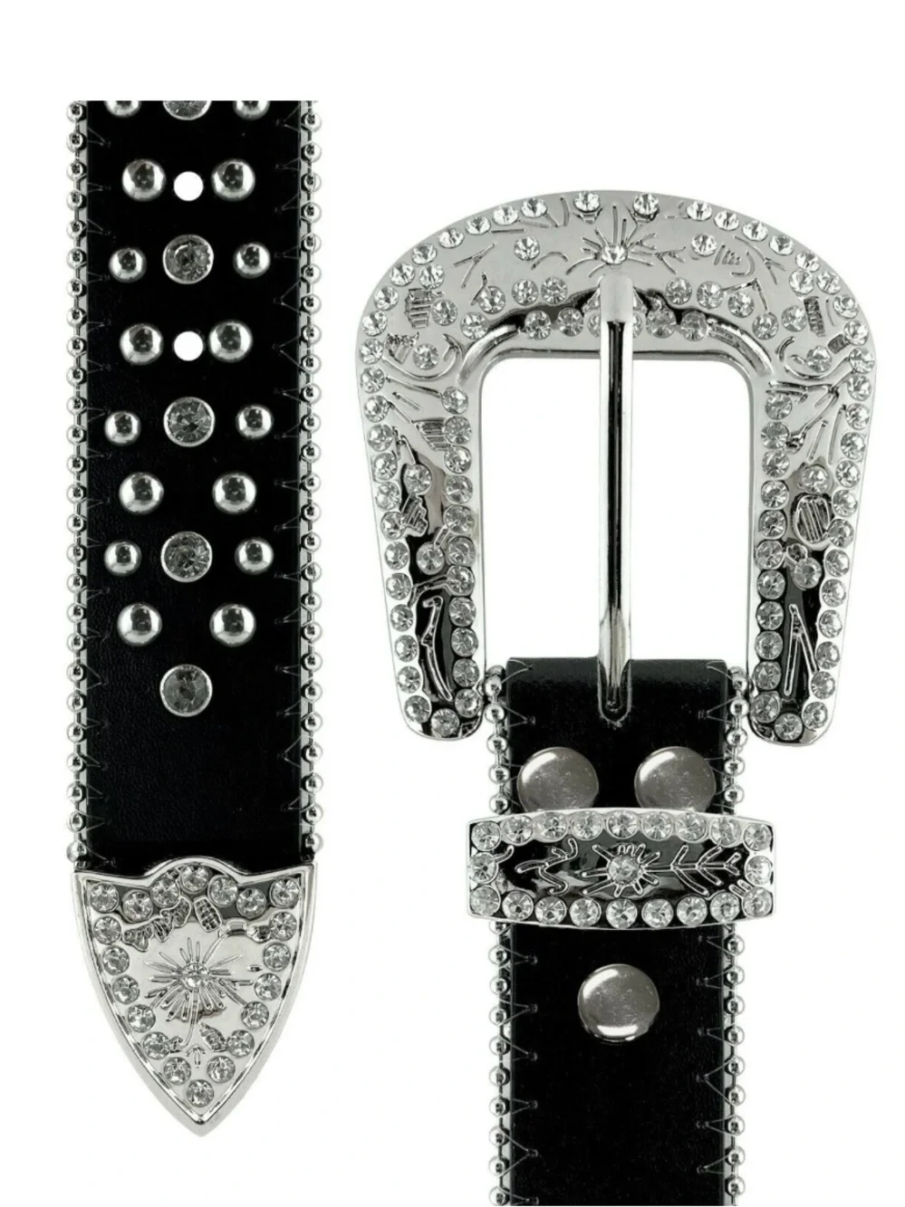 Western Black Leather Belt with Crystal Studded Rhinestones, Engraved Buckke